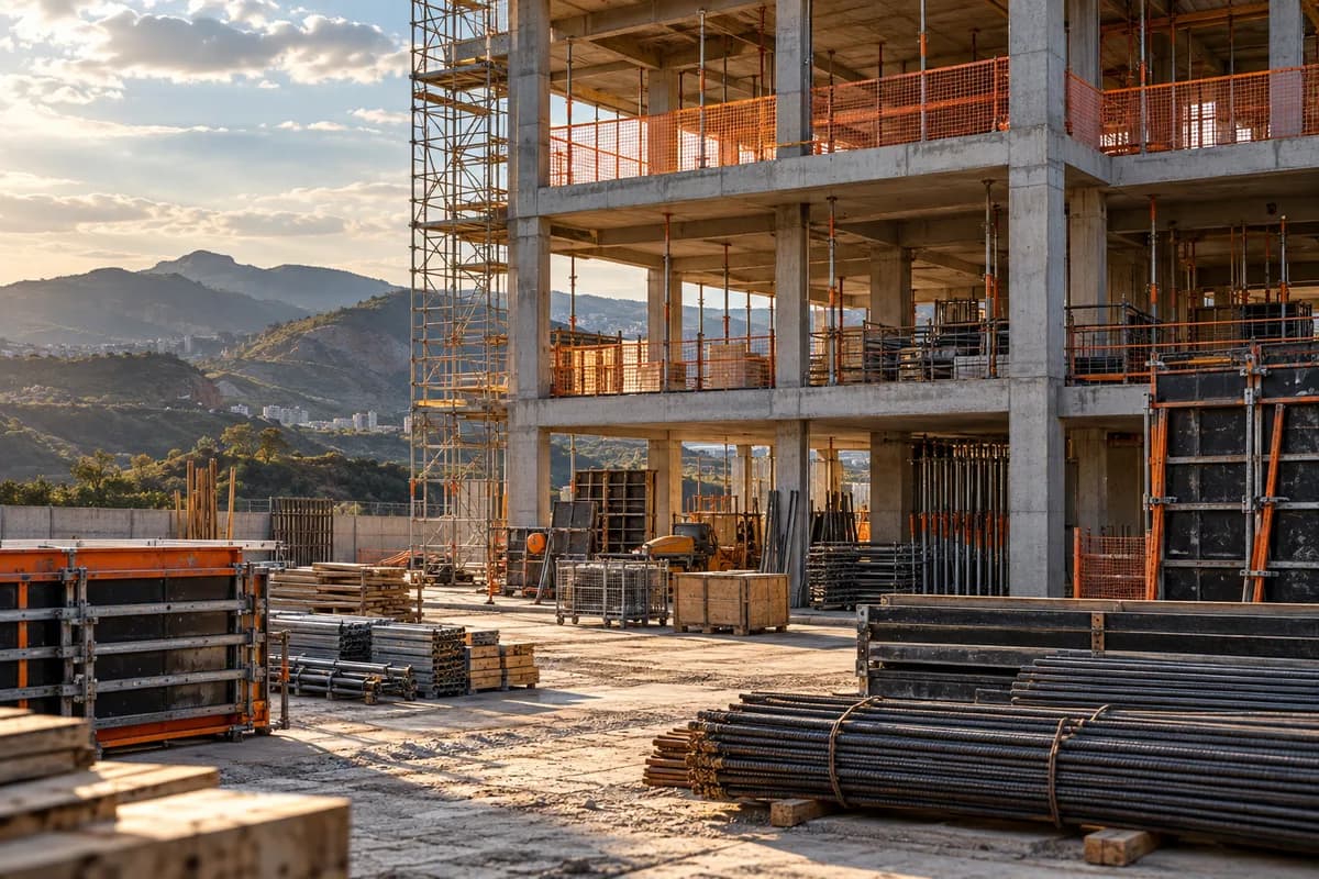 Cena ilustrativa de canteiro organizado com estrutura de concreto em construção