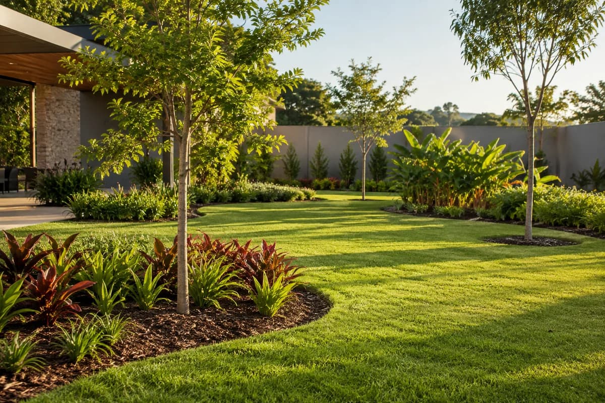 Imagem ilustrativa de jardim com gramado, árvores e canteiros em projeto de paisagismo