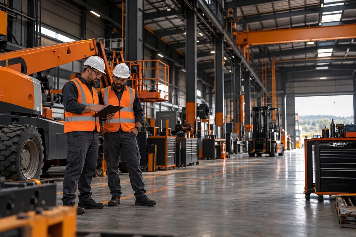 Cena ilustrativa de galpão industrial com técnicos em área de manutenção