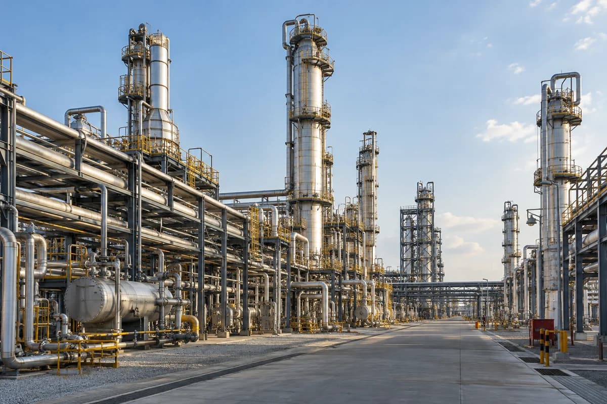 Imagem ilustrativa de refinaria de petróleo com torres e tubulações industriais