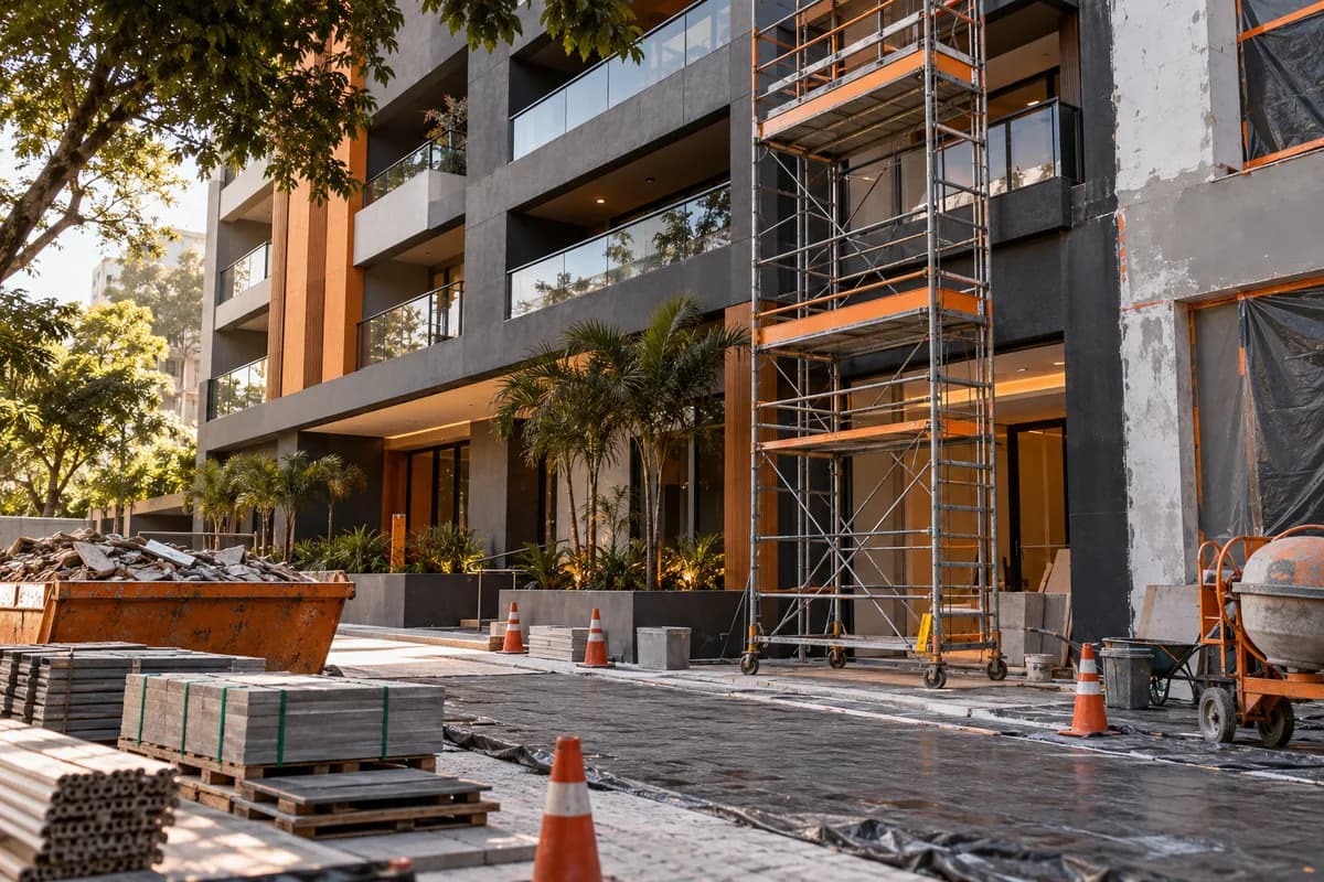 Cena ilustrativa de fachada de edifício em reforma com área de trabalho organizada